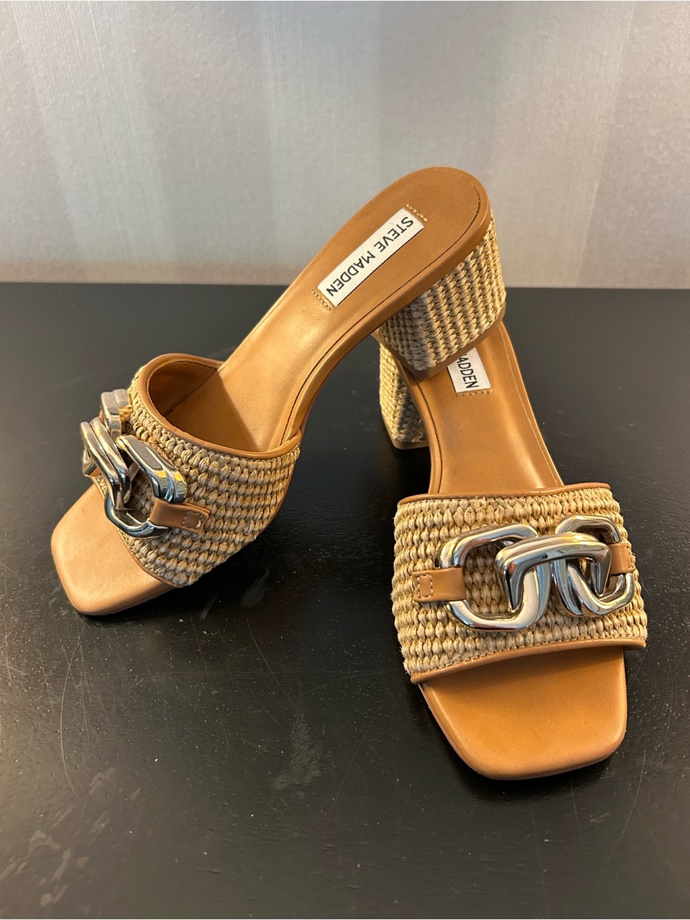 Steve Madden Santana Raffia Tan Woven Block Heel Slide Sandals